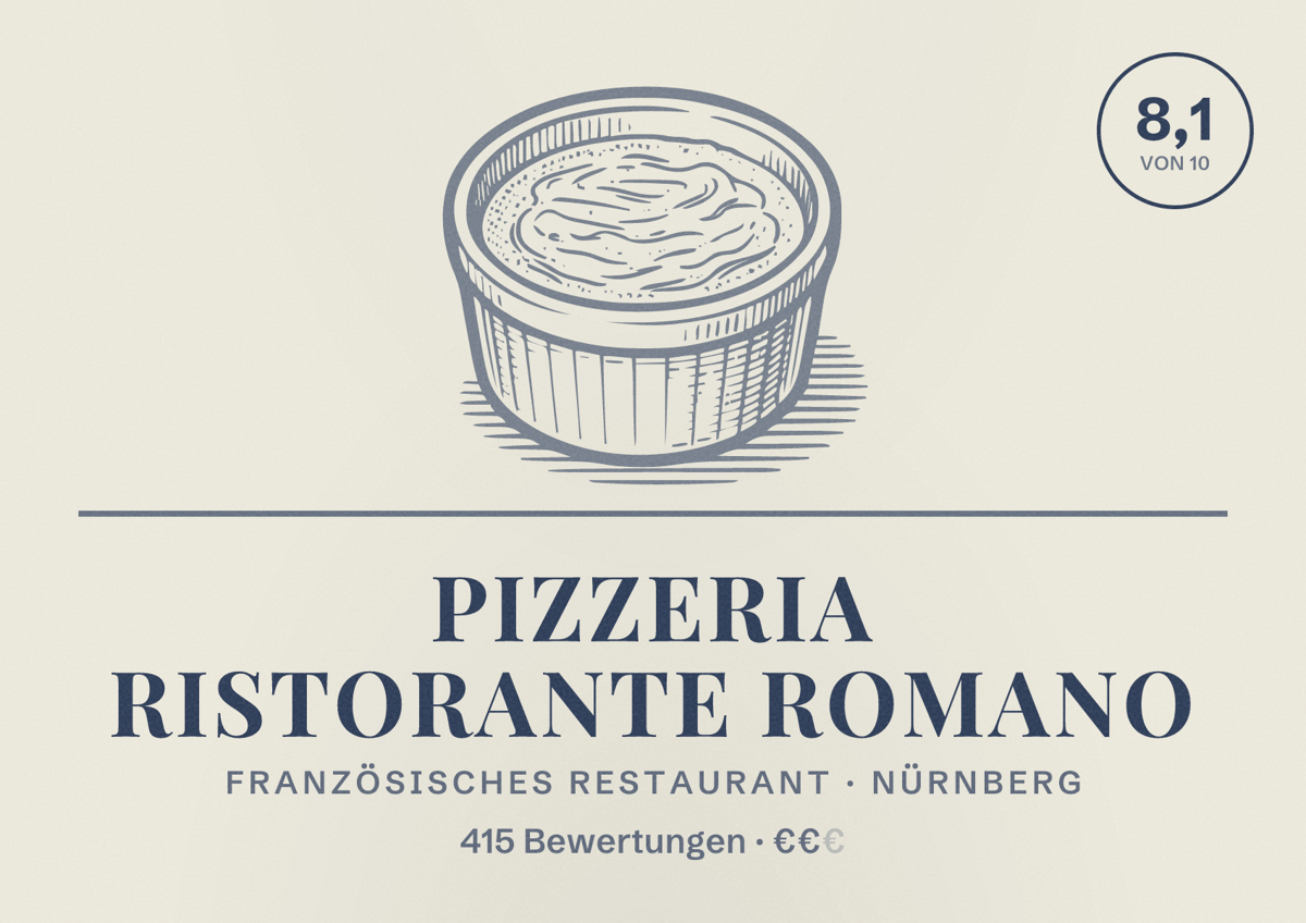 Illustriertes Poster von Pizzeria Ristorante Romano, Französisches Restaurant in Nürnberg: Bewertung 8,1 von 10 aus 415 Bewertungen, Preisniveau €€