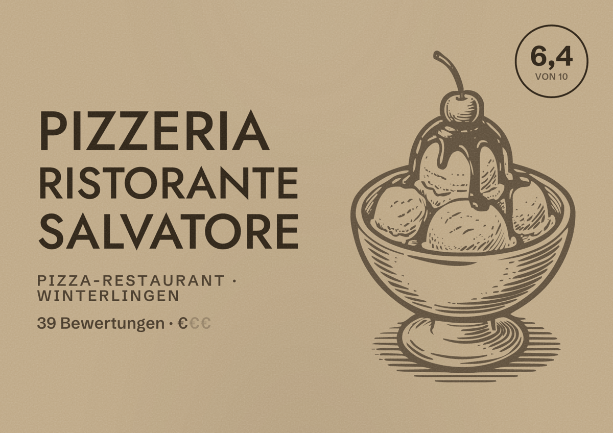 Illustriertes Poster von Pizzeria Ristorante Salvatore, Pizza-Restaurant in Winterlingen: Bewertung 6,4 von 10 aus 39 Bewertungen, Preisniveau €
