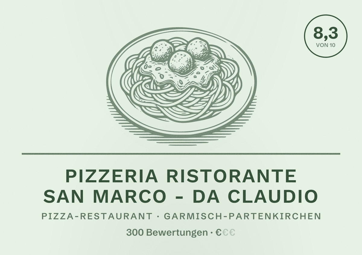 Illustriertes Poster von Pizzeria Ristorante San Marco - Da Claudio, Pizza-Restaurant in Garmisch-Partenkirchen: Bewertung 8,3 von 10 aus 300 Bewertungen, Preisniveau €