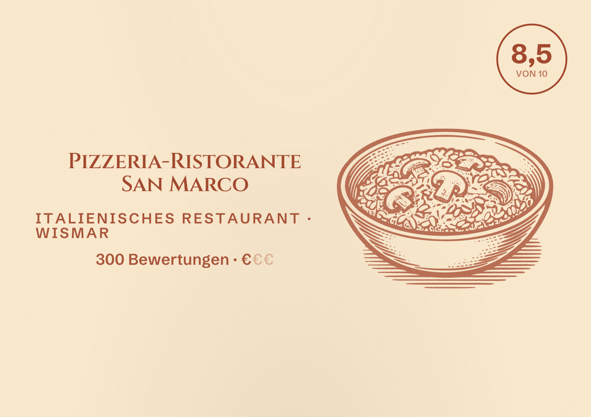 Illustriertes Poster von Pizzeria-Ristorante San Marco, Italienisches Restaurant in Wismar: Bewertung 8,5 von 10 aus 300 Bewertungen, Preisniveau €