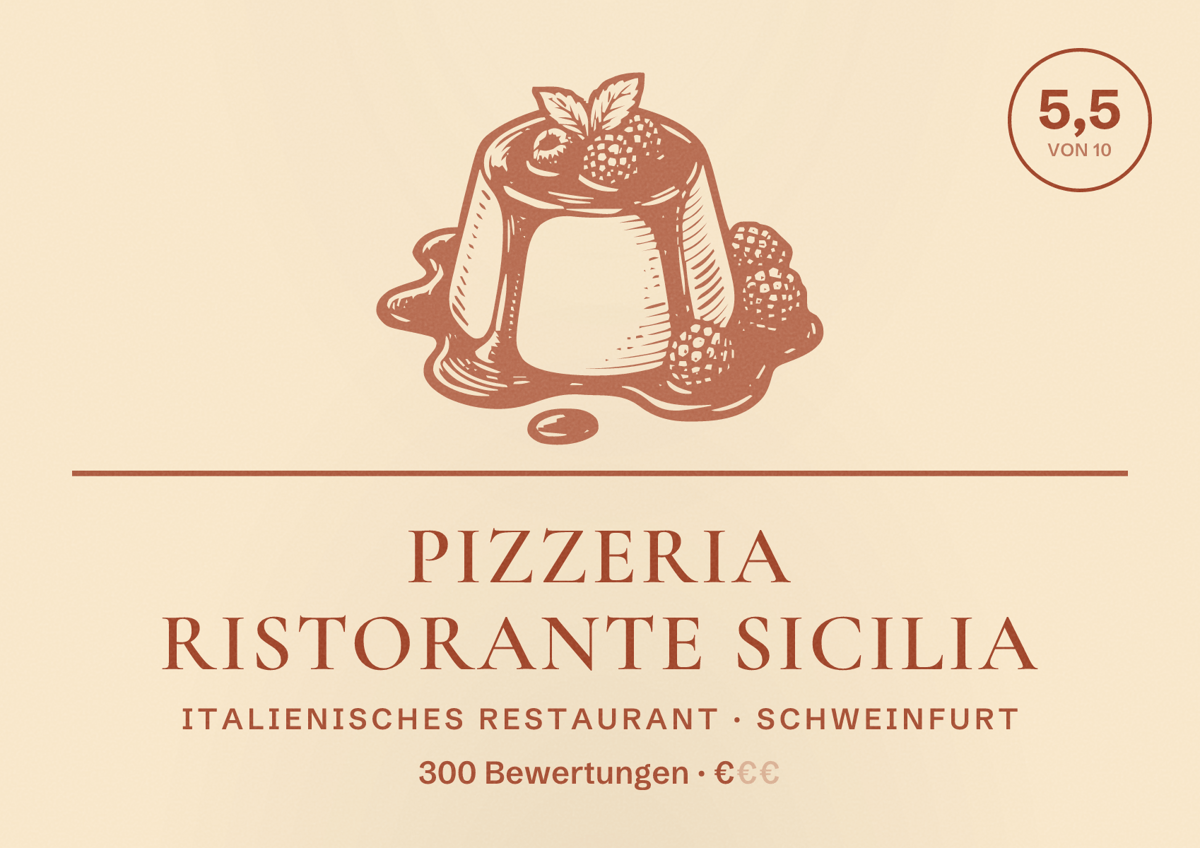 Illustriertes Poster von Pizzeria Ristorante Sicilia, Italienisches Restaurant in Schweinfurt: Bewertung 5,5 von 10 aus 300 Bewertungen, Preisniveau €