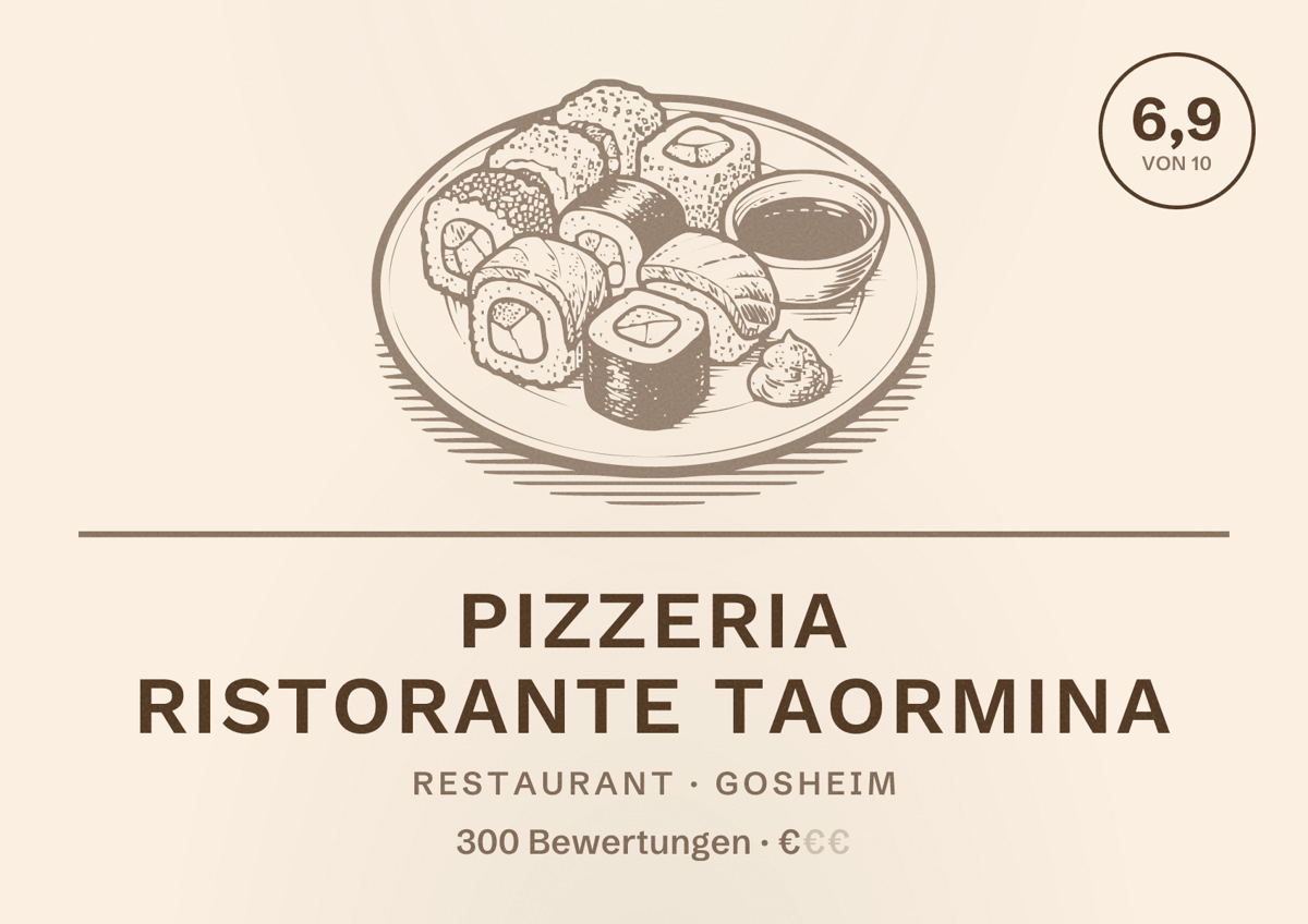 Illustriertes Poster von Pizzeria Ristorante Taormina, Restaurant in Gosheim: Bewertung 6,9 von 10 aus 300 Bewertungen, Preisniveau €