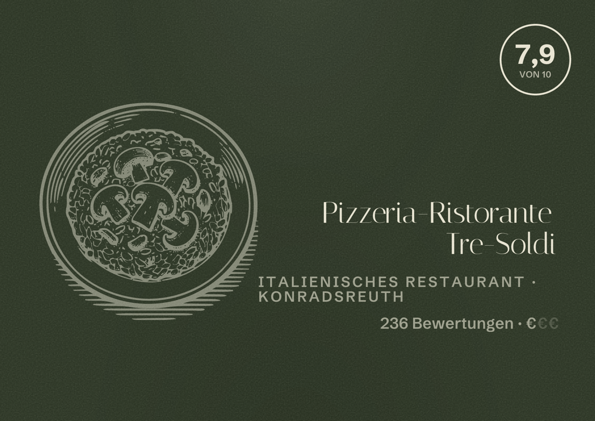 Illustriertes Poster von Pizzeria-Ristorante Tre-Soldi, Italienisches Restaurant in Konradsreuth: Bewertung 7,9 von 10 aus 236 Bewertungen, Preisniveau €