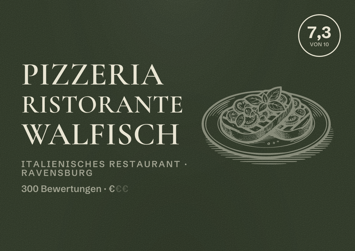 Illustriertes Poster von Pizzeria Ristorante Walfisch, Italienisches Restaurant in Ravensburg: Bewertung 7,3 von 10 aus 300 Bewertungen, Preisniveau €