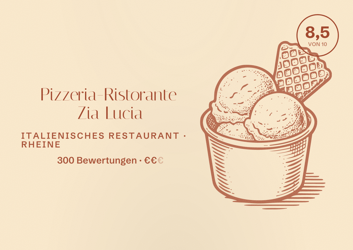 Illustriertes Poster von Pizzeria-Ristorante Zia Lucia, Italienisches Restaurant in Rheine: Bewertung 8,5 von 10 aus 300 Bewertungen, Preisniveau €€