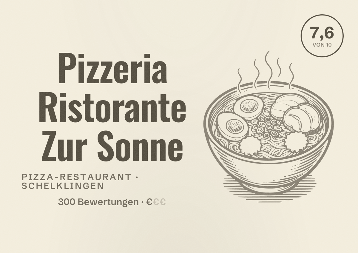 Illustriertes Poster von Pizzeria Ristorante Zur Sonne, Pizza-Restaurant in Schelklingen: Bewertung 7,6 von 10 aus 300 Bewertungen, Preisniveau €