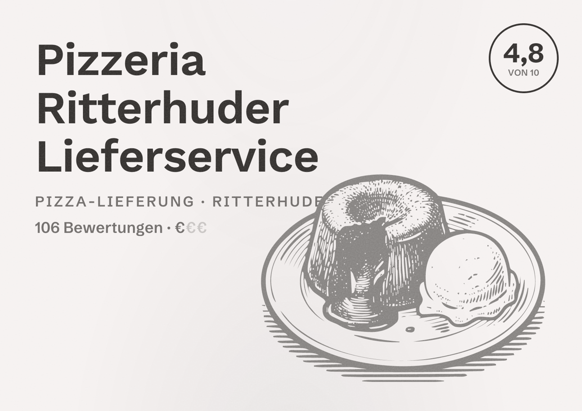 Illustriertes Poster von Pizzeria Ritterhuder Lieferservice, Pizza-Lieferung in Ritterhude: Bewertung 4,8 von 10 aus 106 Bewertungen, Preisniveau €