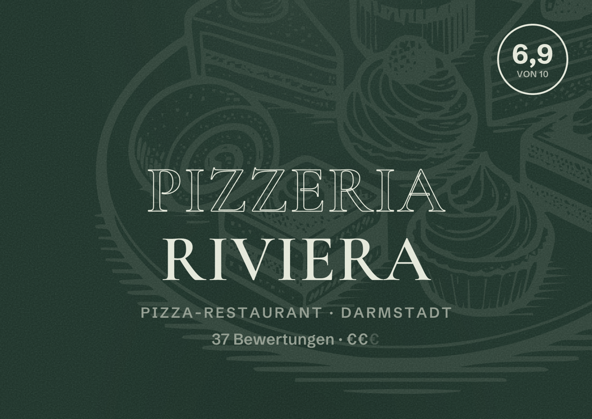 Illustriertes Poster von Pizzeria Riviera, Pizza-Restaurant in Darmstadt: Bewertung 6,9 von 10 aus 37 Bewertungen, Preisniveau €€