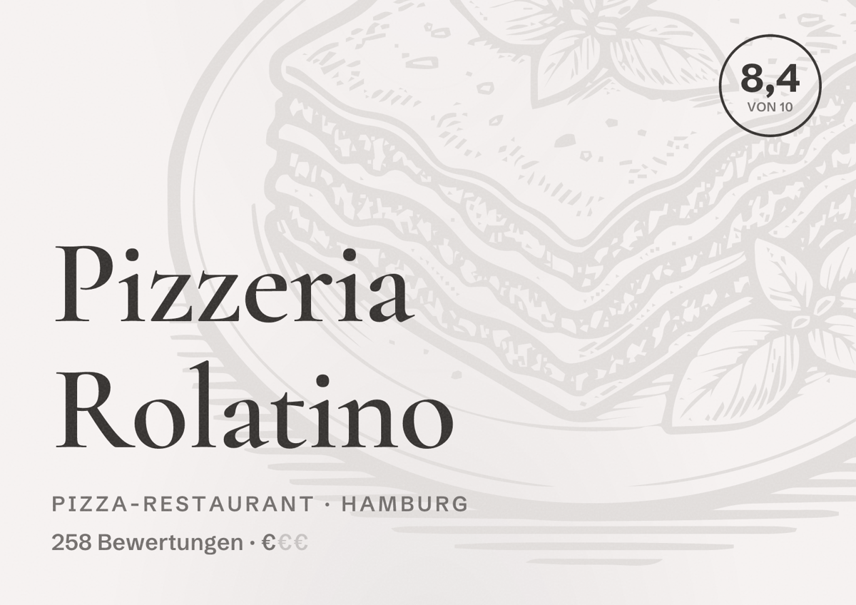 Illustriertes Poster von Pizzeria Rolatino, Pizza-Restaurant in Hamburg: Bewertung 8,4 von 10 aus 258 Bewertungen, Preisniveau €