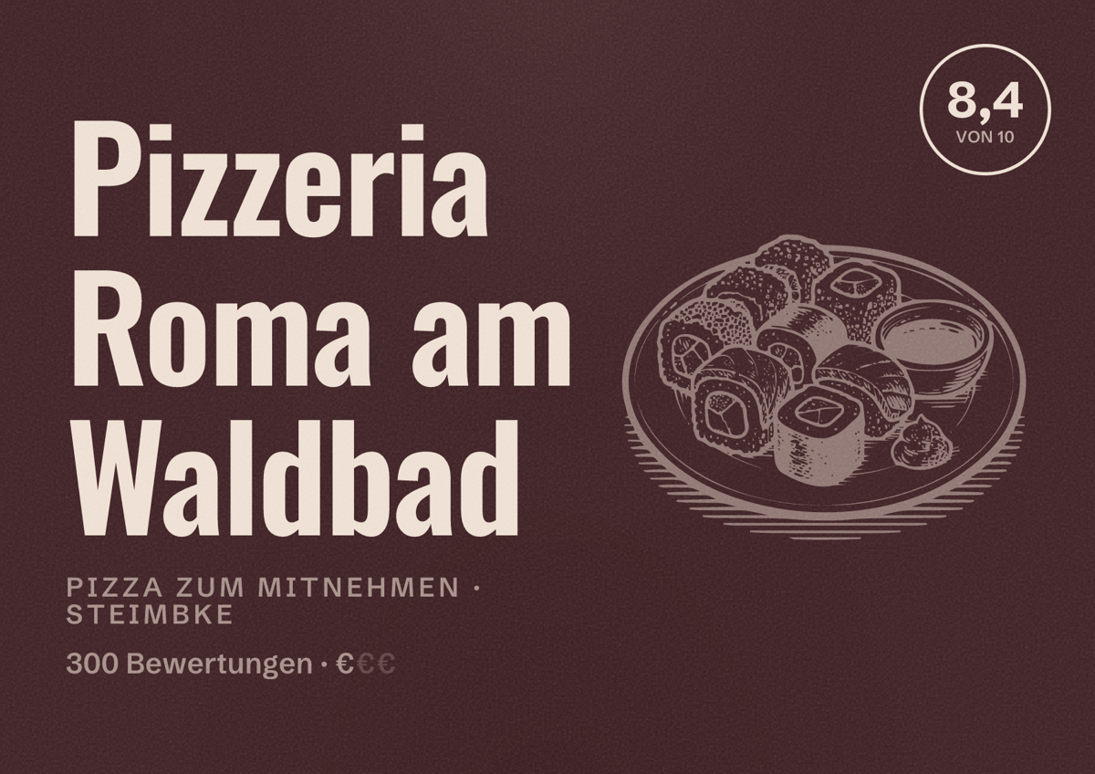 Illustriertes Poster von Pizzeria Roma am Waldbad, Pizza zum Mitnehmen in Steimbke: Bewertung 8,4 von 10 aus 300 Bewertungen, Preisniveau €