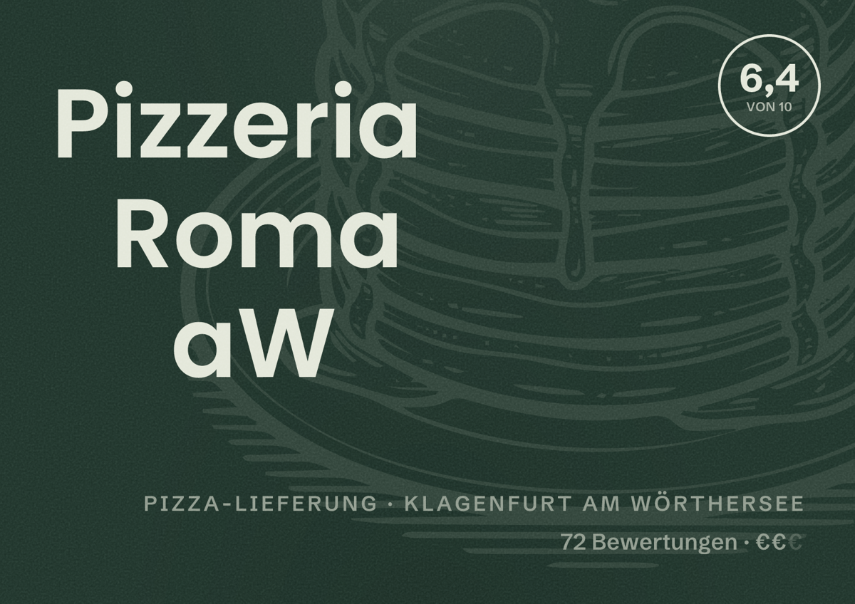 Illustriertes Poster von Pizzeria Roma aW, Pizza-Lieferung in Klagenfurt am Wörthersee: Bewertung 6,4 von 10 aus 72 Bewertungen, Preisniveau €€