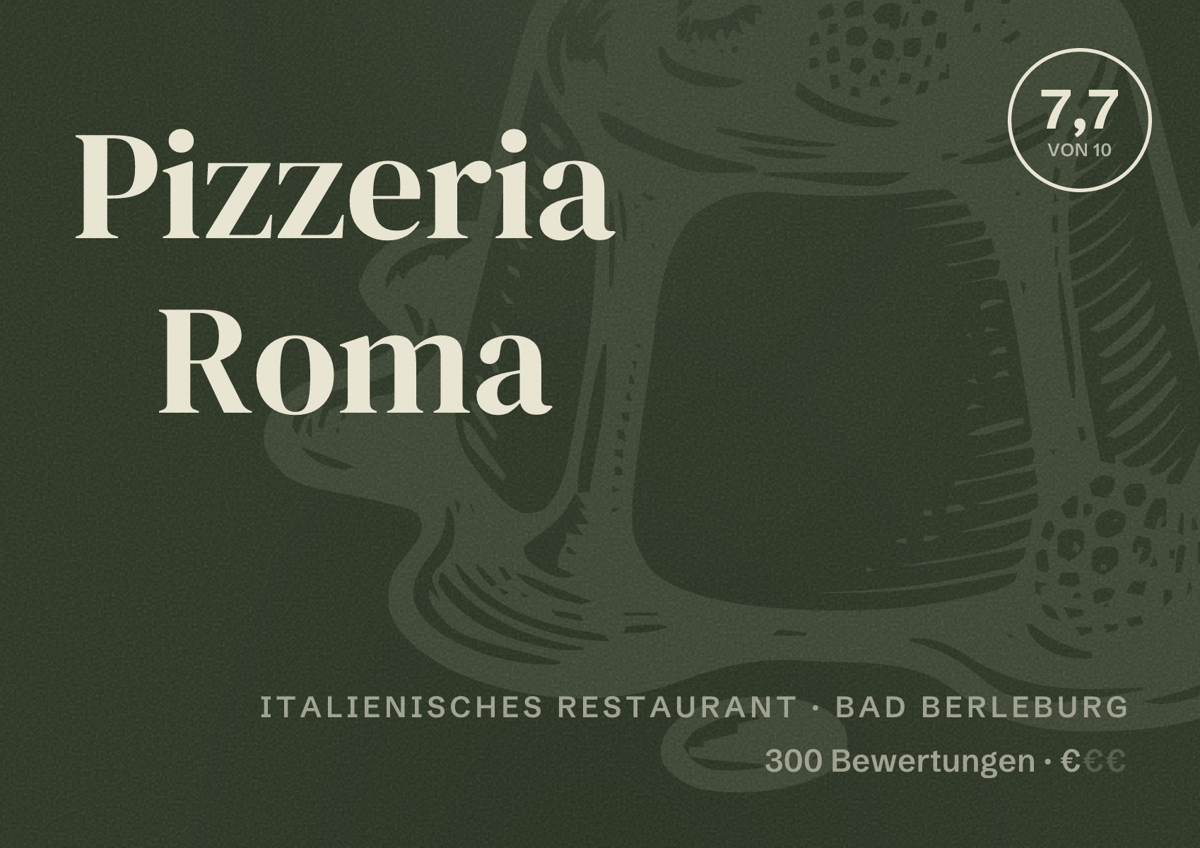 Illustriertes Poster von Pizzeria Roma, Italienisches Restaurant in Bad Berleburg: Bewertung 7,7 von 10 aus 300 Bewertungen, Preisniveau €
