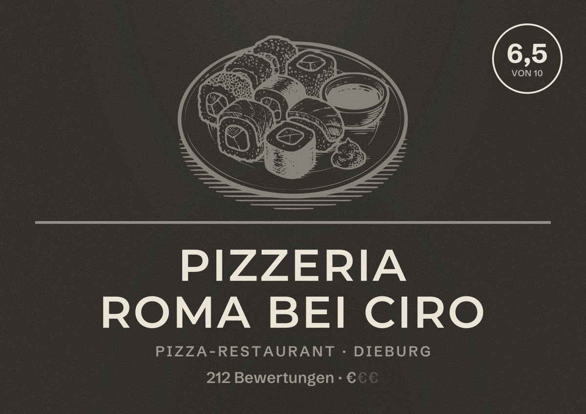 Illustriertes Poster von Pizzeria Roma bei Ciro, Pizza-Restaurant in Dieburg: Bewertung 6,5 von 10 aus 212 Bewertungen, Preisniveau €