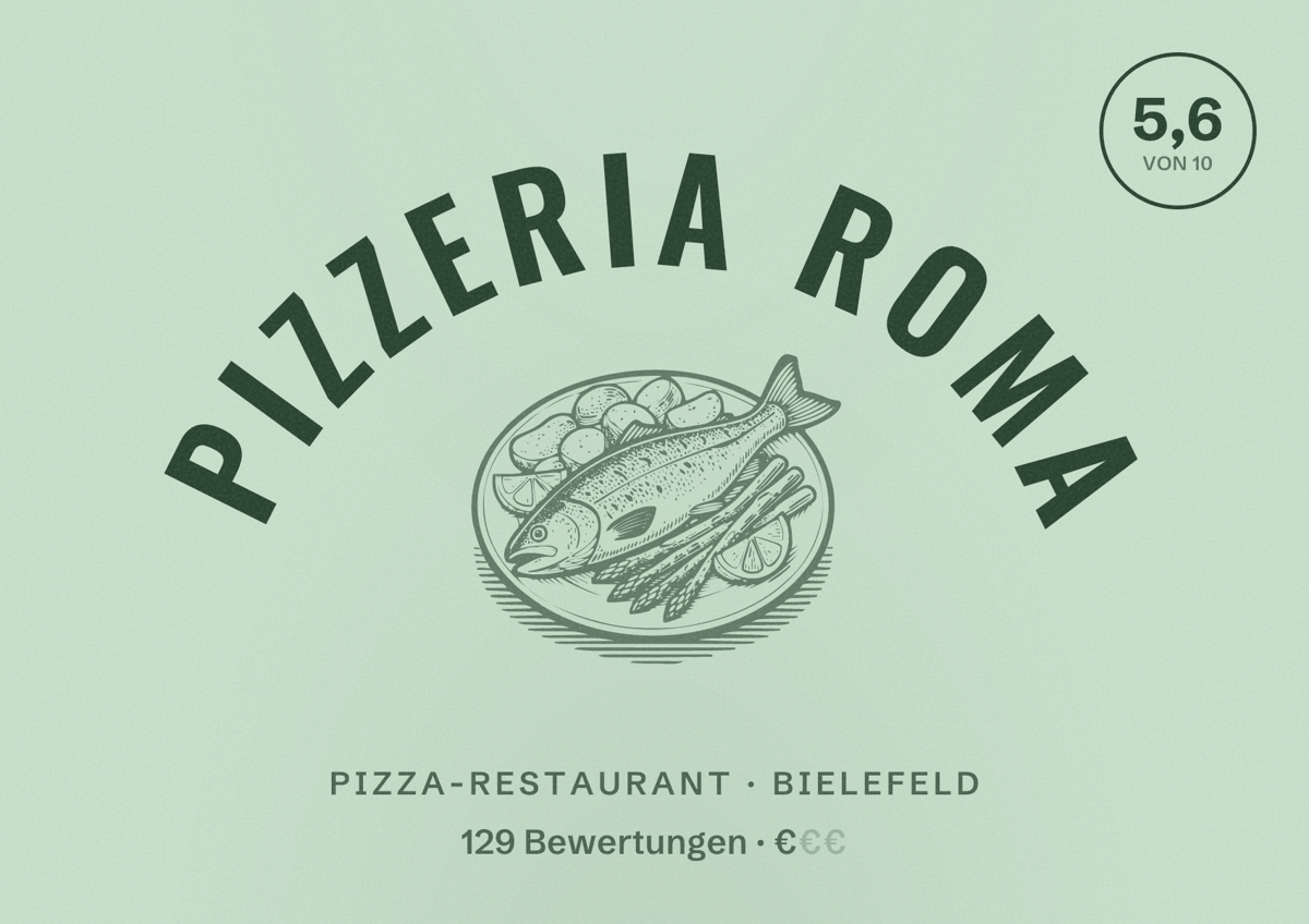 Illustriertes Poster von Pizzeria Roma, Pizza-Restaurant in Bielefeld: Bewertung 5,6 von 10 aus 129 Bewertungen, Preisniveau €