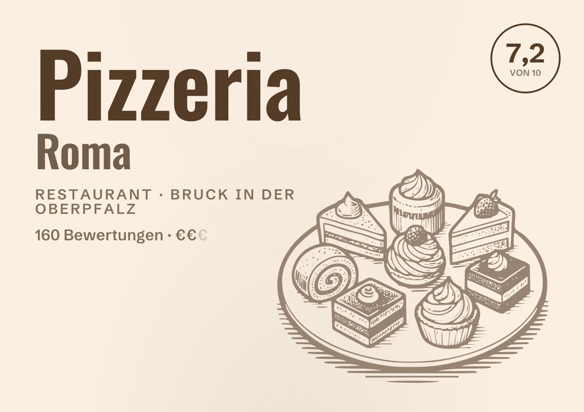 Illustriertes Poster von Pizzeria Roma, Restaurant in Bruck in der Oberpfalz: Bewertung 7,2 von 10 aus 160 Bewertungen, Preisniveau €€