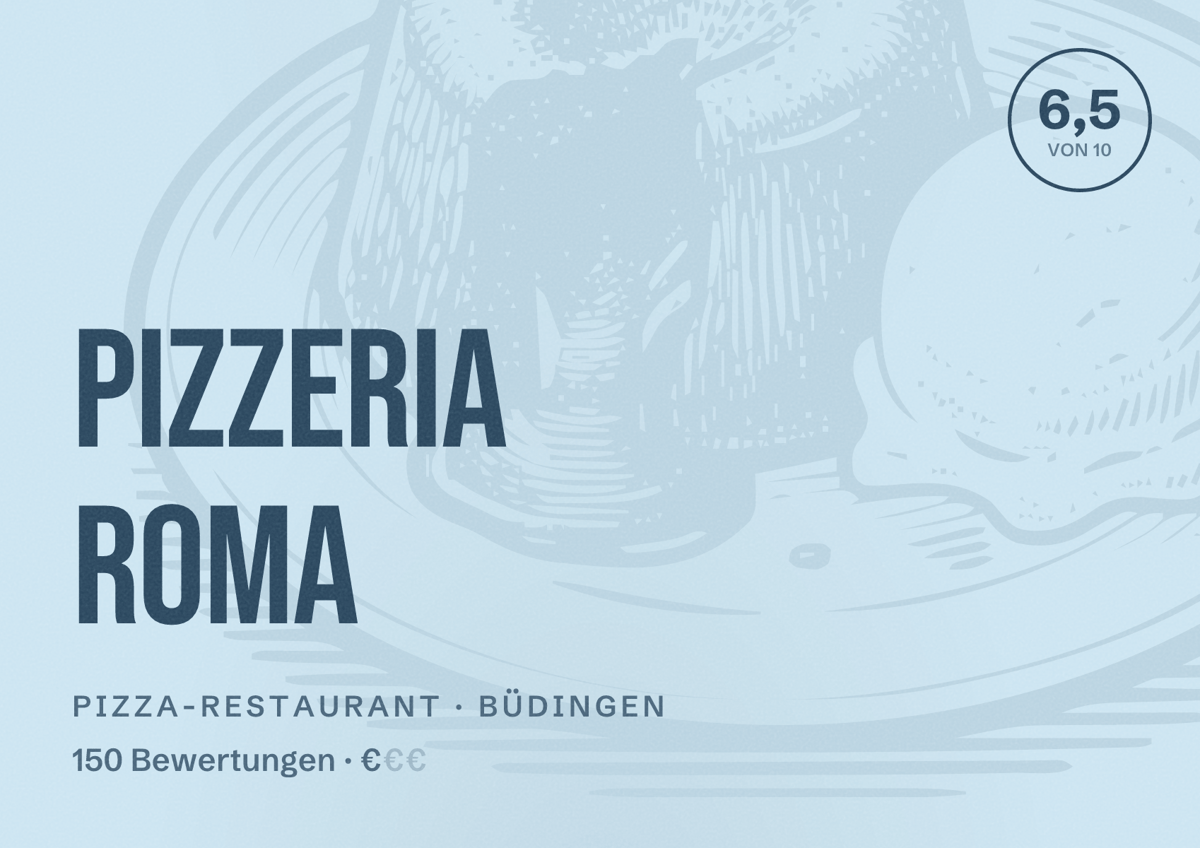 Illustriertes Poster von Pizzeria Roma, Pizza-Restaurant in Büdingen: Bewertung 6,5 von 10 aus 150 Bewertungen, Preisniveau €
