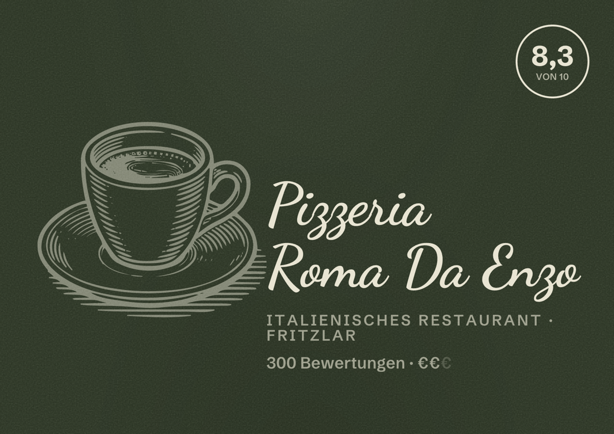 Illustriertes Poster von Pizzeria Roma Da Enzo, Italienisches Restaurant in Fritzlar: Bewertung 8,3 von 10 aus 300 Bewertungen, Preisniveau €€