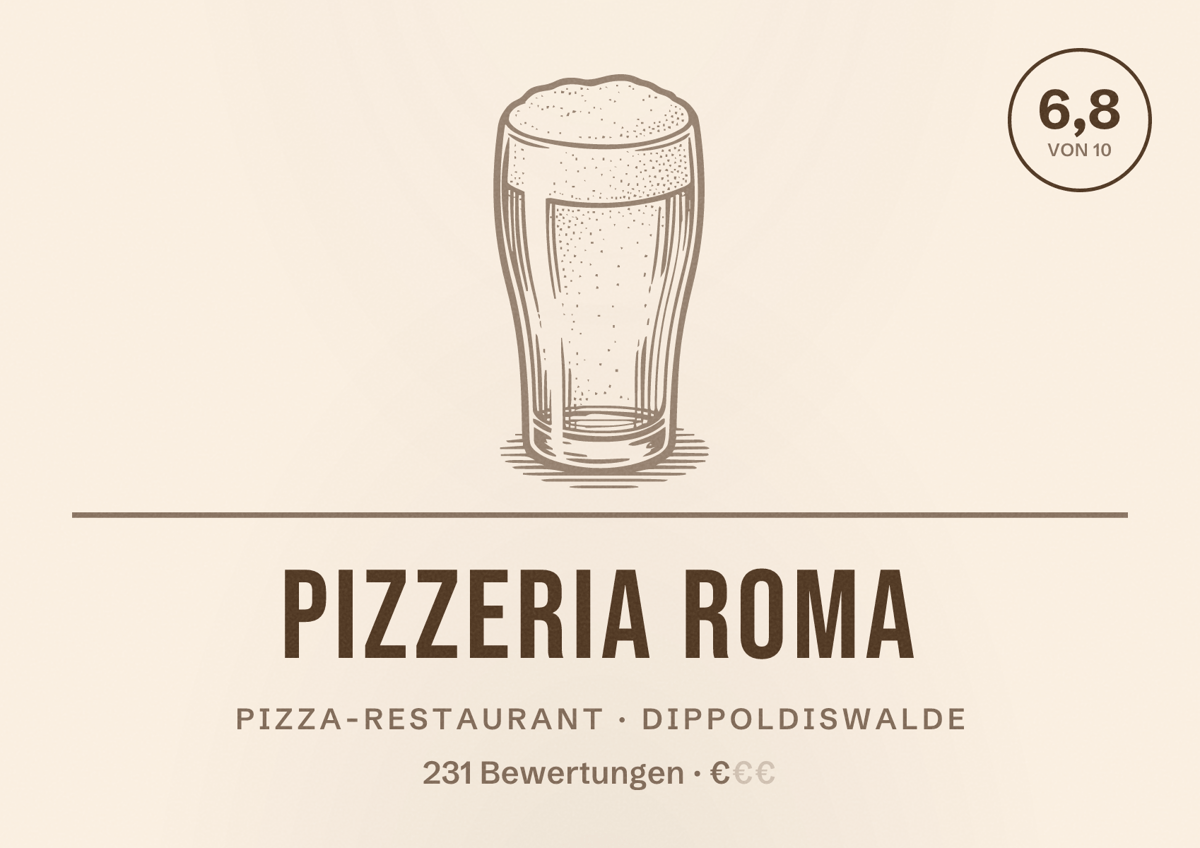 Illustriertes Poster von Pizzeria Roma, Pizza-Restaurant in Dippoldiswalde: Bewertung 6,8 von 10 aus 231 Bewertungen, Preisniveau €