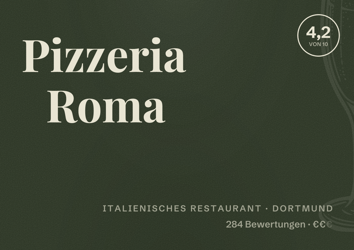 Illustriertes Poster von Pizzeria Roma, Italienisches Restaurant in Dortmund: Bewertung 4,2 von 10 aus 284 Bewertungen, Preisniveau €€