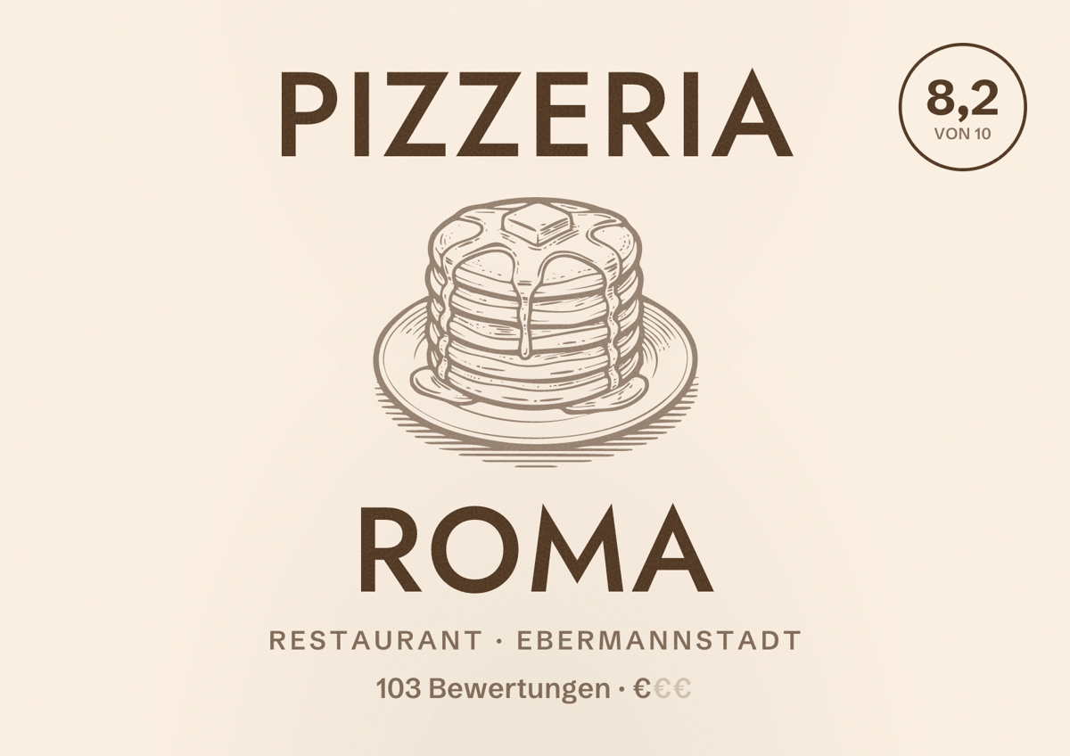 Illustriertes Poster von Pizzeria Roma, Restaurant in Ebermannstadt: Bewertung 8,2 von 10 aus 103 Bewertungen, Preisniveau €