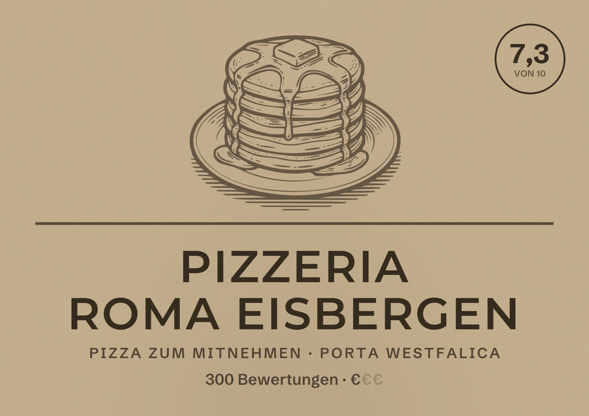 Illustriertes Poster von Pizzeria Roma Eisbergen, Pizza zum Mitnehmen in Porta Westfalica: Bewertung 7,3 von 10 aus 300 Bewertungen, Preisniveau €