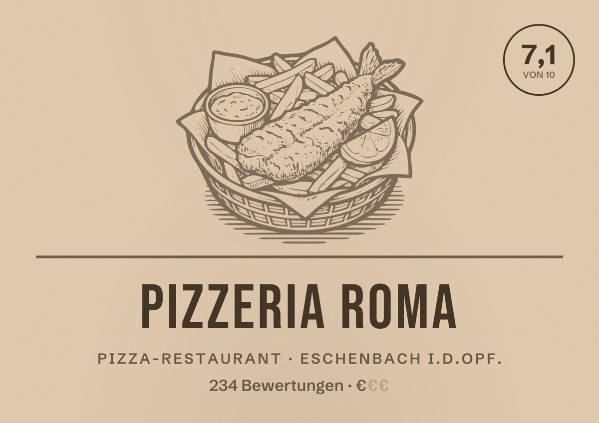 Illustriertes Poster von Pizzeria Roma, Pizza-Restaurant in Eschenbach i.d.OPf.: Bewertung 7,1 von 10 aus 234 Bewertungen, Preisniveau €