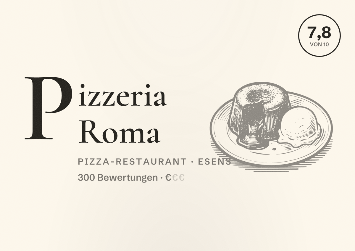 Illustriertes Poster von Pizzeria Roma, Pizza-Restaurant in Esens: Bewertung 7,8 von 10 aus 300 Bewertungen, Preisniveau €