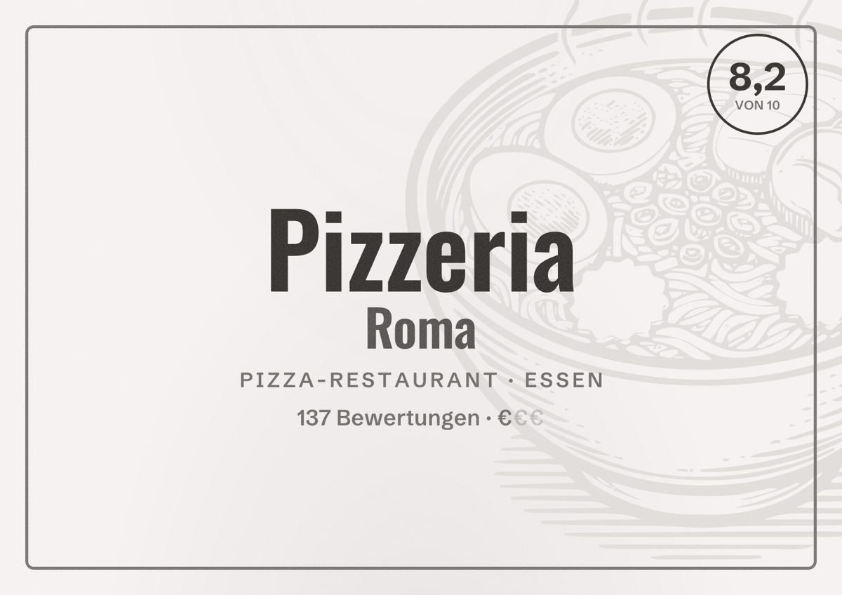 Illustriertes Poster von Pizzeria Roma, Pizza-Restaurant in Essen: Bewertung 8,2 von 10 aus 137 Bewertungen, Preisniveau €