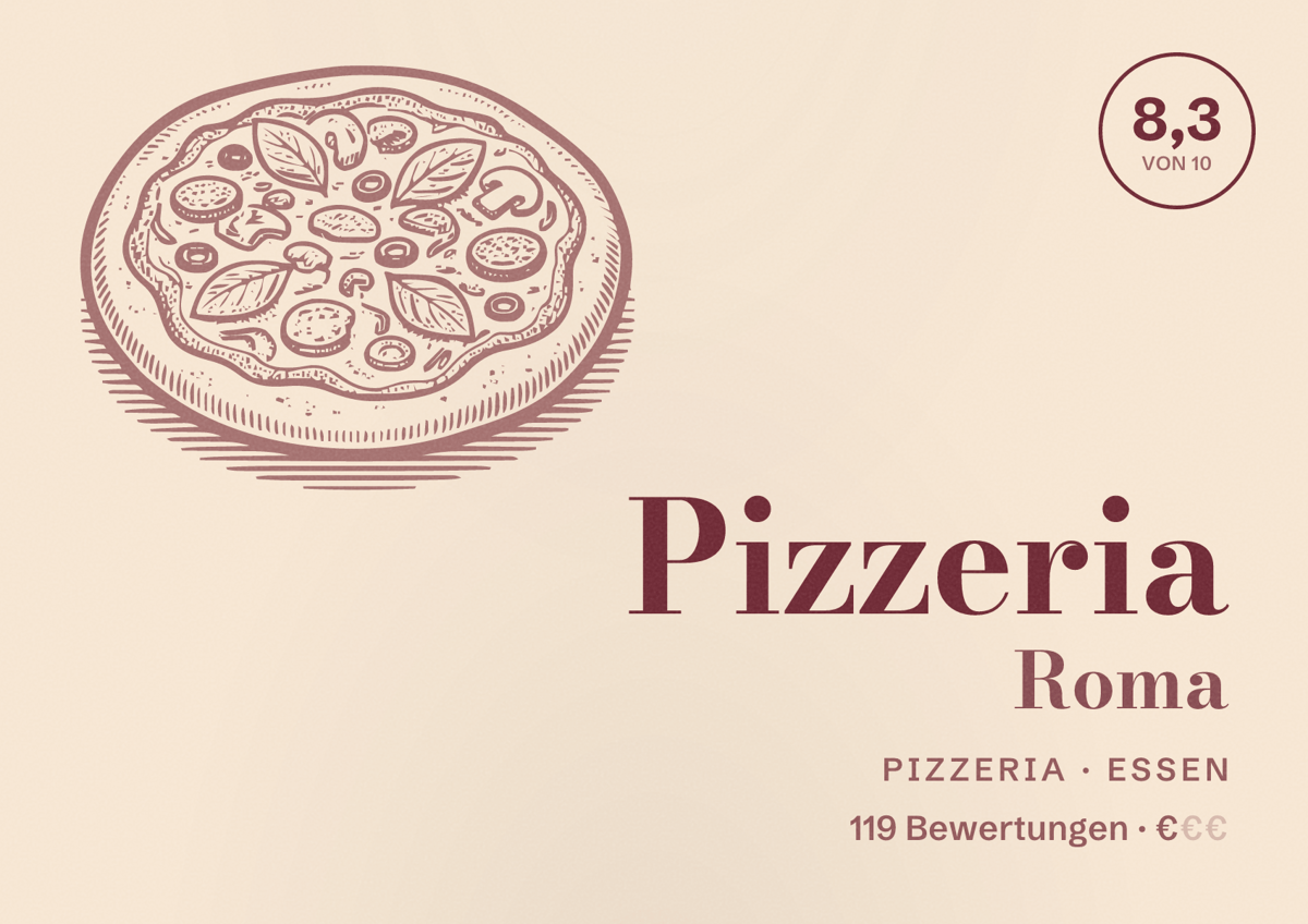 Illustriertes Poster von Pizzeria Roma, Pizzeria in Essen: Bewertung 8,3 von 10 aus 119 Bewertungen, Preisniveau €