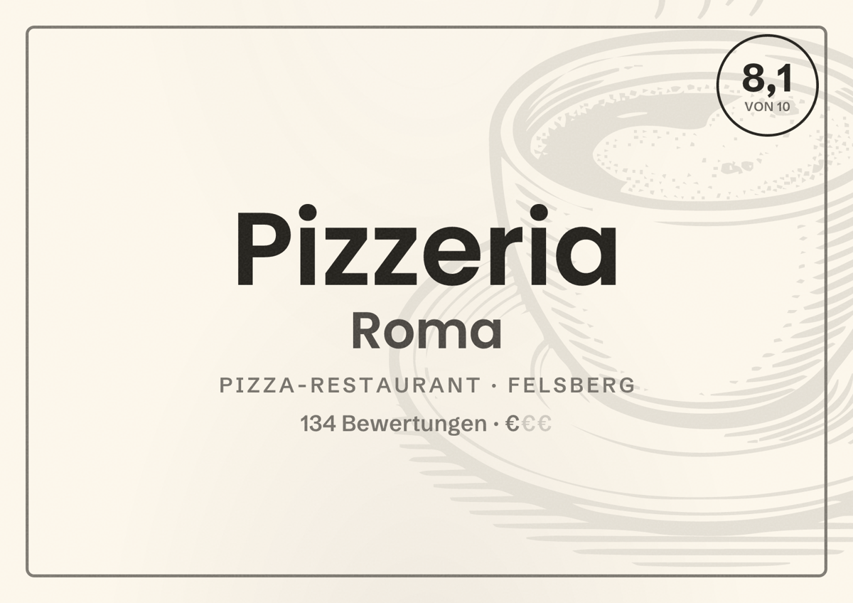 Illustriertes Poster von Pizzeria Roma, Pizza-Restaurant in Felsberg: Bewertung 8,1 von 10 aus 134 Bewertungen, Preisniveau €