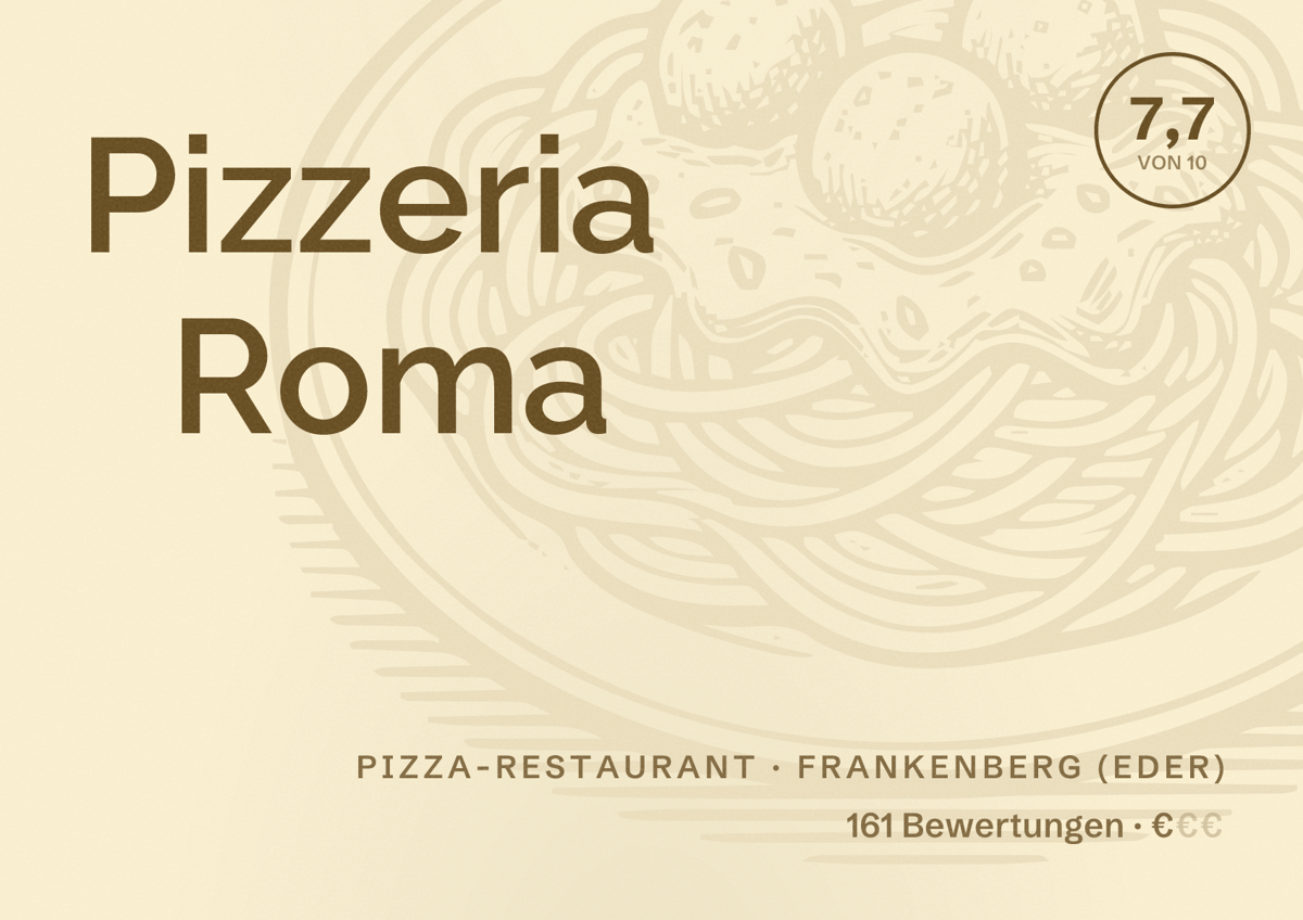 Illustriertes Poster von Pizzeria Roma, Pizza-Restaurant in Frankenberg (Eder): Bewertung 7,7 von 10 aus 161 Bewertungen, Preisniveau €
