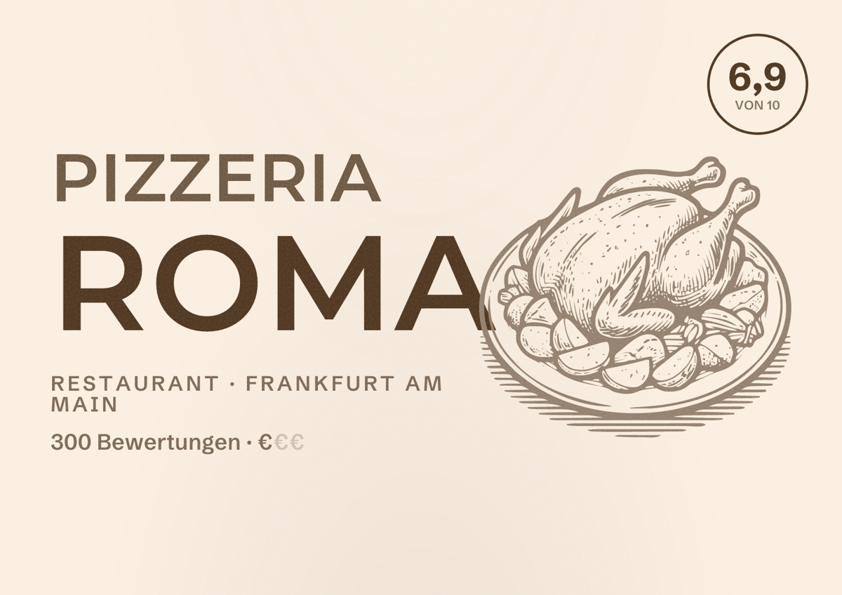 Illustriertes Poster von Pizzeria Roma, Restaurant in Frankfurt am Main: Bewertung 6,9 von 10 aus 300 Bewertungen, Preisniveau €
