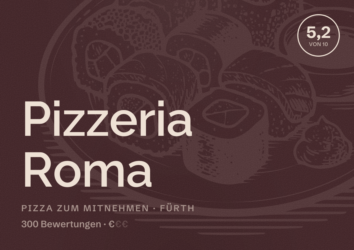 Illustriertes Poster von Pizzeria Roma, Pizza zum Mitnehmen in Fürth: Bewertung 5,2 von 10 aus 300 Bewertungen, Preisniveau €