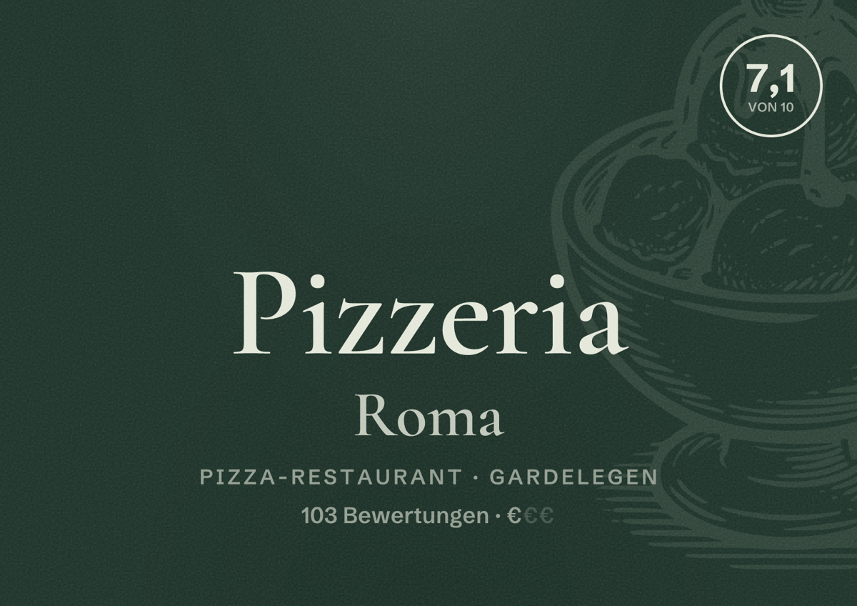 Illustriertes Poster von Pizzeria Roma, Pizza-Restaurant in Gardelegen: Bewertung 7,1 von 10 aus 103 Bewertungen, Preisniveau €