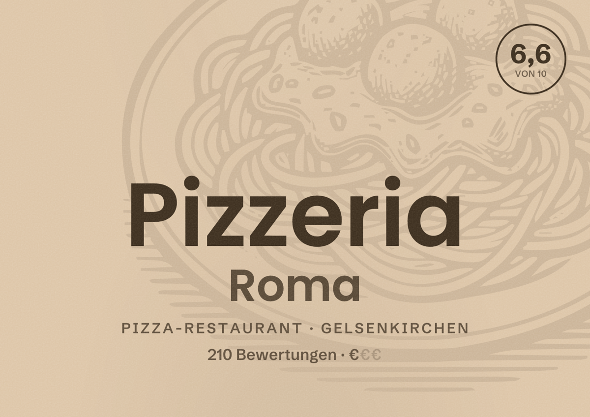 Illustriertes Poster von Pizzeria Roma, Pizza-Restaurant in Gelsenkirchen: Bewertung 6,6 von 10 aus 210 Bewertungen, Preisniveau €