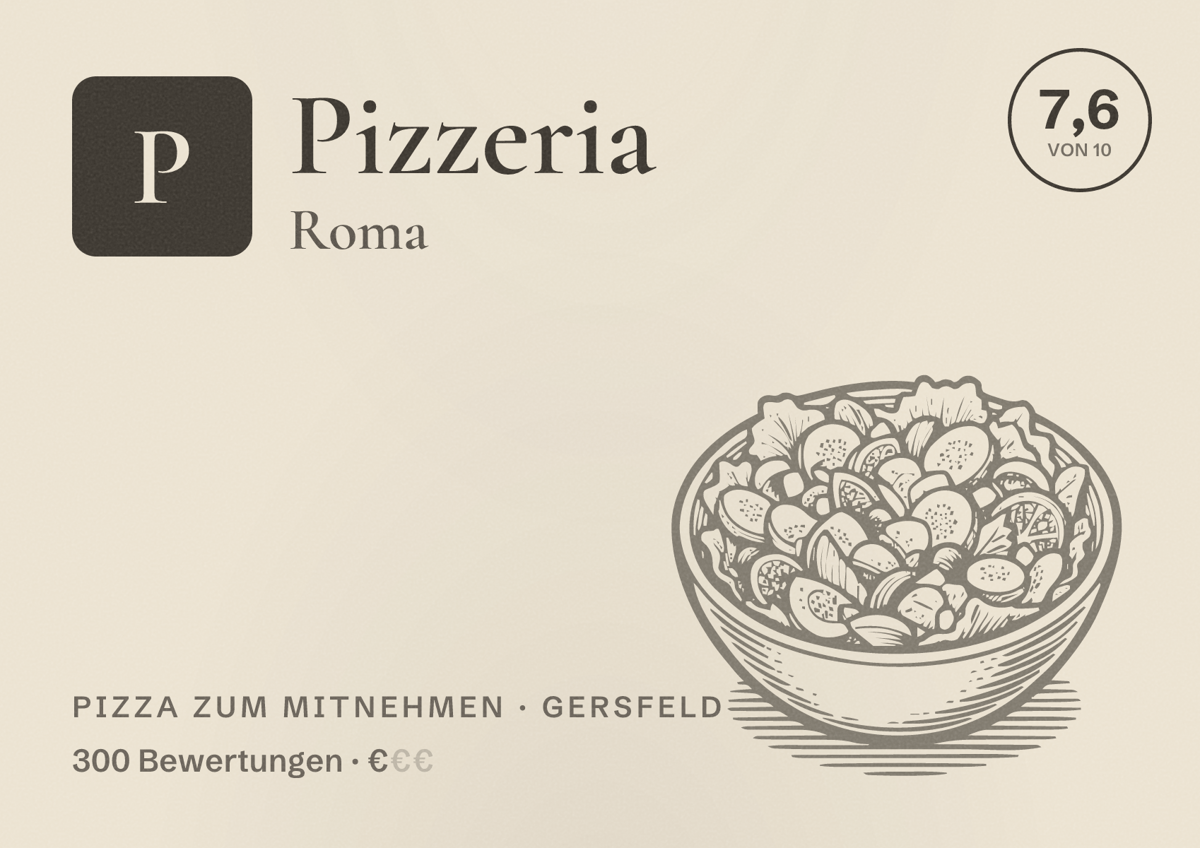 Illustriertes Poster von Pizzeria Roma, Pizza zum Mitnehmen in Gersfeld: Bewertung 7,6 von 10 aus 300 Bewertungen, Preisniveau €