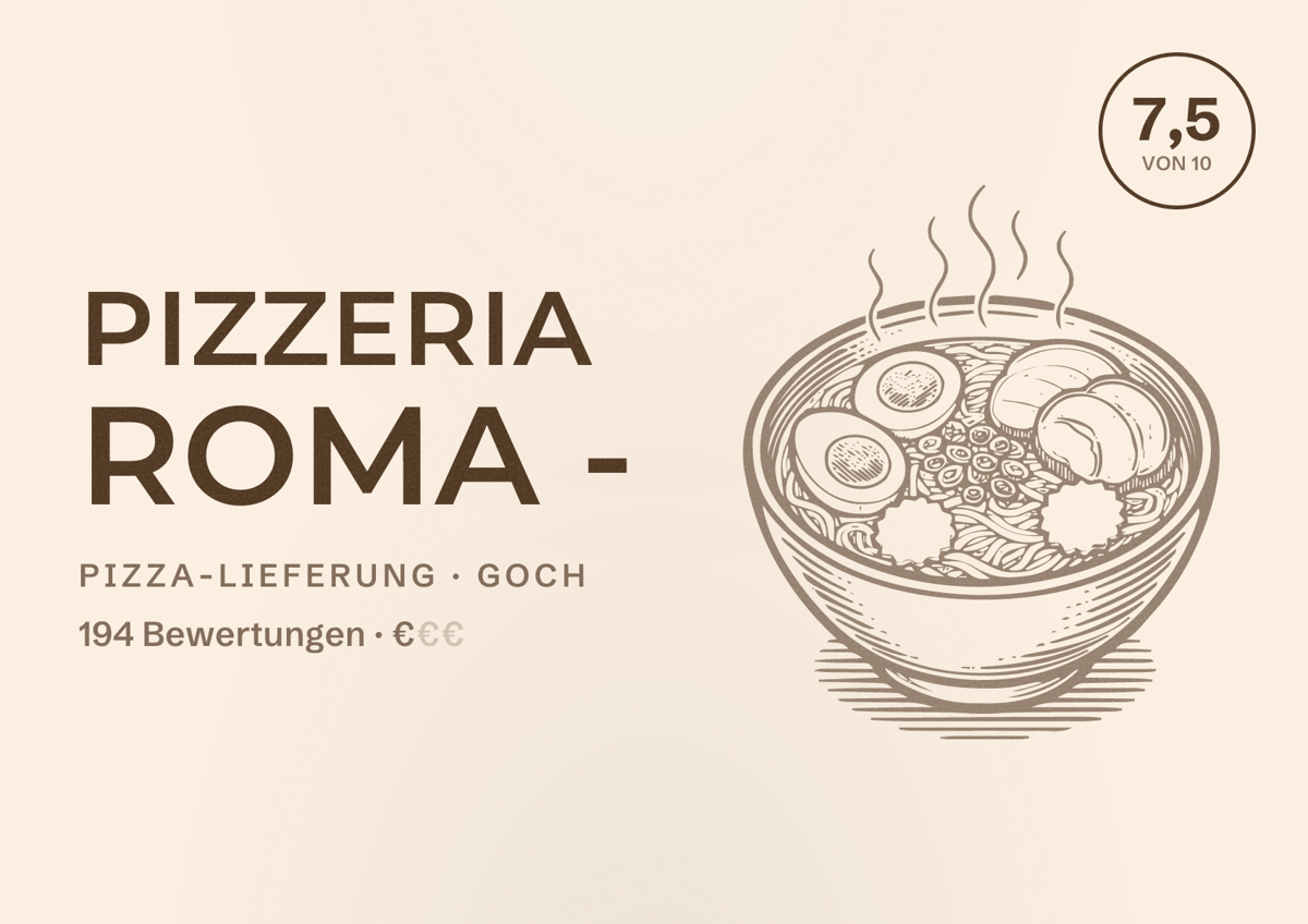 Illustriertes Poster von Pizzeria Roma -, Pizza-Lieferung in Goch: Bewertung 7,5 von 10 aus 194 Bewertungen, Preisniveau €