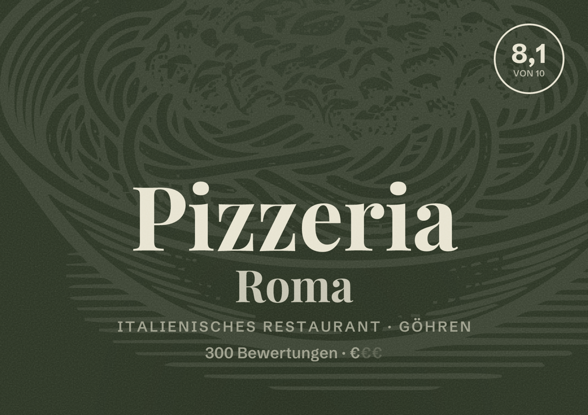 Illustriertes Poster von Pizzeria Roma, Italienisches Restaurant in Göhren: Bewertung 8,1 von 10 aus 300 Bewertungen, Preisniveau €