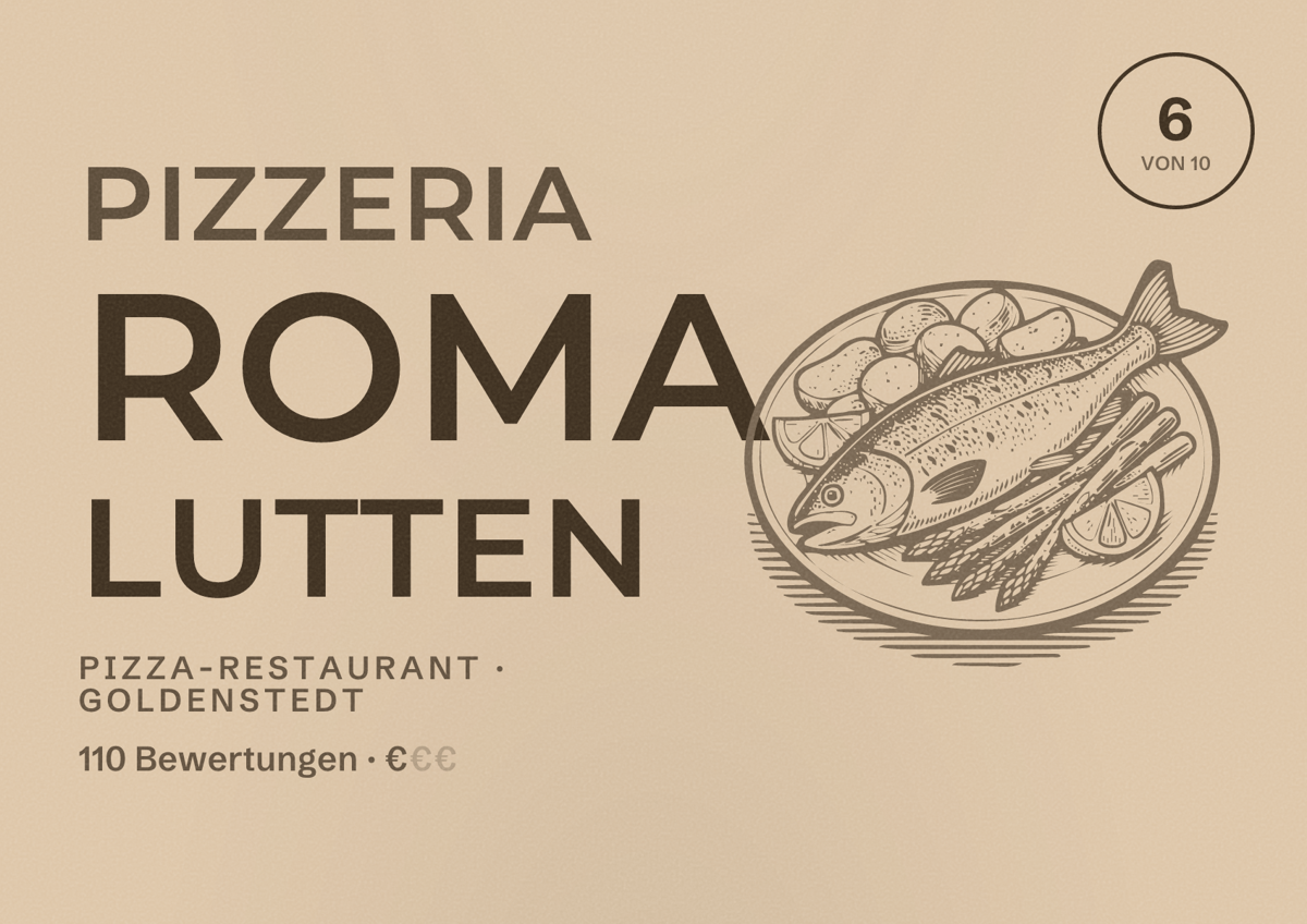 Illustriertes Poster von Pizzeria Roma Lutten, Pizza-Restaurant in Goldenstedt: Bewertung 6 von 10 aus 110 Bewertungen, Preisniveau €