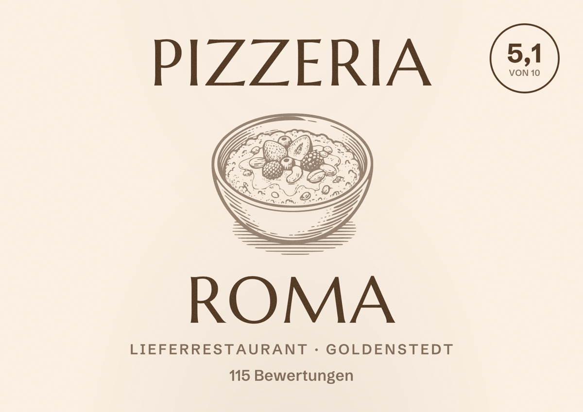 Illustriertes Poster von Pizzeria roma, Lieferrestaurant in Goldenstedt: Bewertung 5,1 von 10 aus 115 Bewertungen