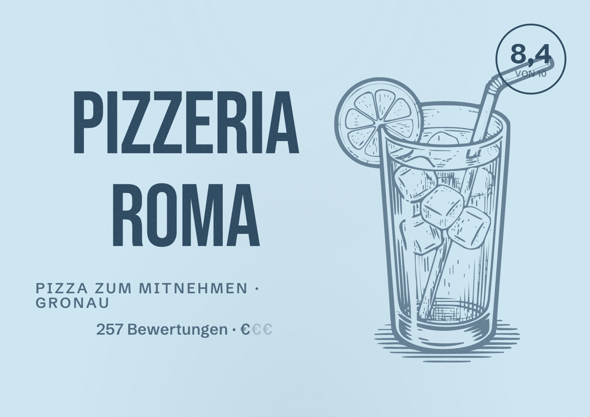 Illustriertes Poster von Pizzeria Roma, Pizza zum Mitnehmen in Gronau: Bewertung 8,4 von 10 aus 257 Bewertungen, Preisniveau €