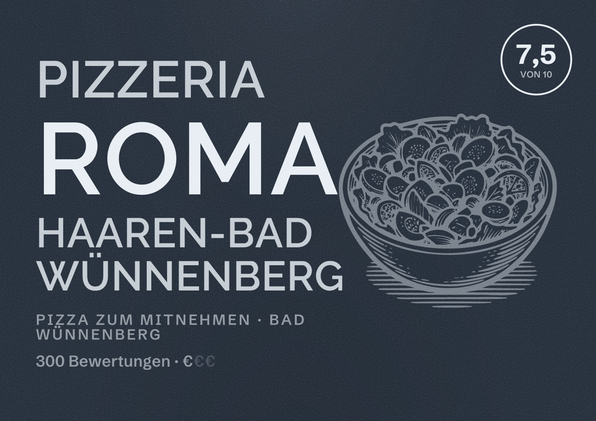 Illustriertes Poster von Pizzeria Roma Haaren-Bad Wünnenberg, Pizza zum Mitnehmen in Bad Wünnenberg: Bewertung 7,5 von 10 aus 300 Bewertungen, Preisniveau €