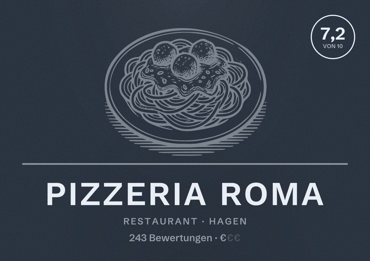 Illustriertes Poster von Pizzeria Roma, Restaurant in Hagen: Bewertung 7,2 von 10 aus 243 Bewertungen, Preisniveau €
