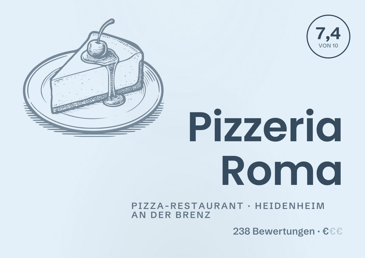 Illustriertes Poster von Pizzeria Roma, Pizza-Restaurant in Heidenheim an der Brenz: Bewertung 7,4 von 10 aus 238 Bewertungen, Preisniveau €