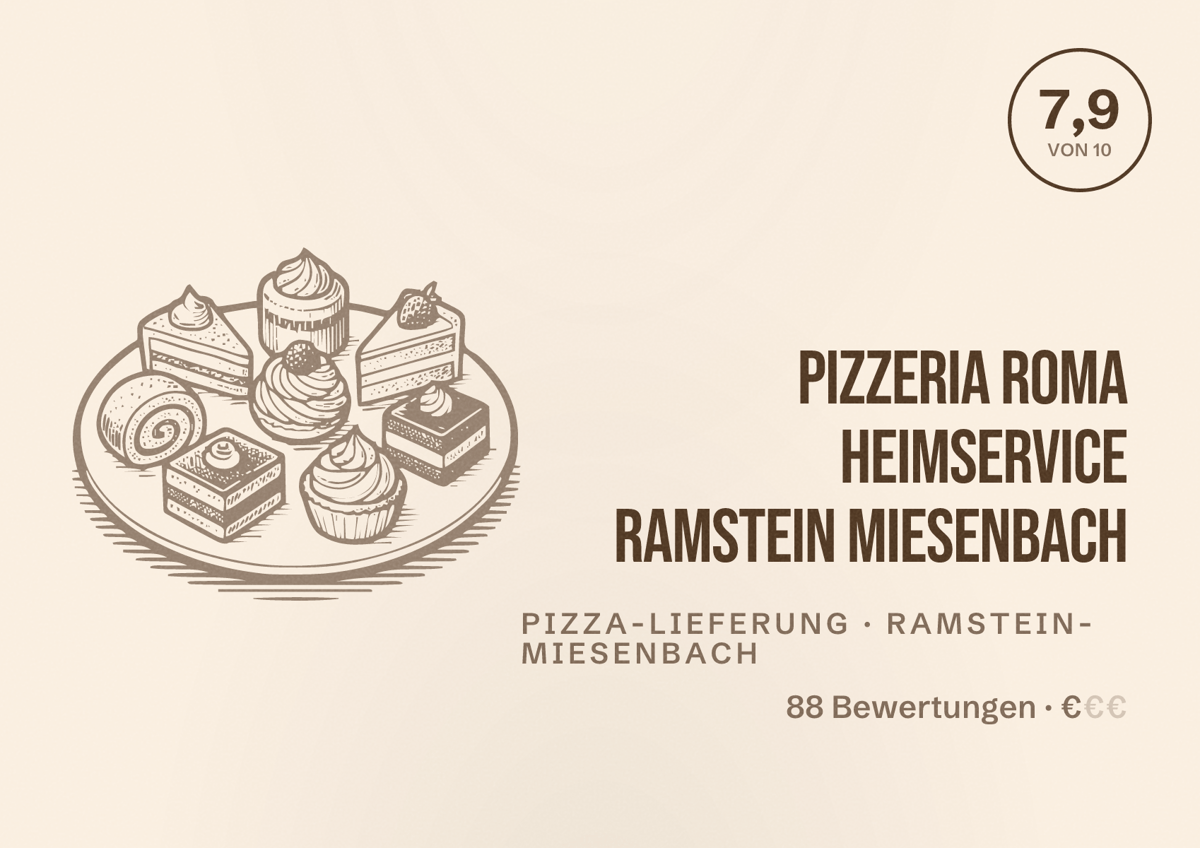 Illustriertes Poster von Pizzeria Roma Heimservice Ramstein Miesenbach, Pizza-Lieferung in Ramstein-Miesenbach: Bewertung 7,9 von 10 aus 88 Bewertungen, Preisniveau €