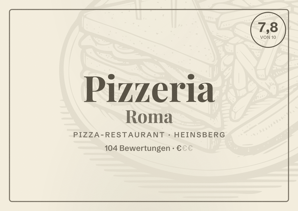 Illustriertes Poster von Pizzeria Roma, Pizza-Restaurant in Heinsberg: Bewertung 7,8 von 10 aus 104 Bewertungen, Preisniveau €
