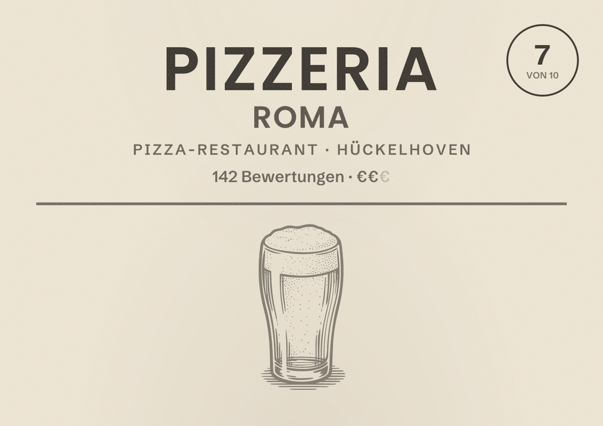 Illustriertes Poster von Pizzeria Roma, Pizza-Restaurant in Hückelhoven: Bewertung 7 von 10 aus 142 Bewertungen, Preisniveau €€
