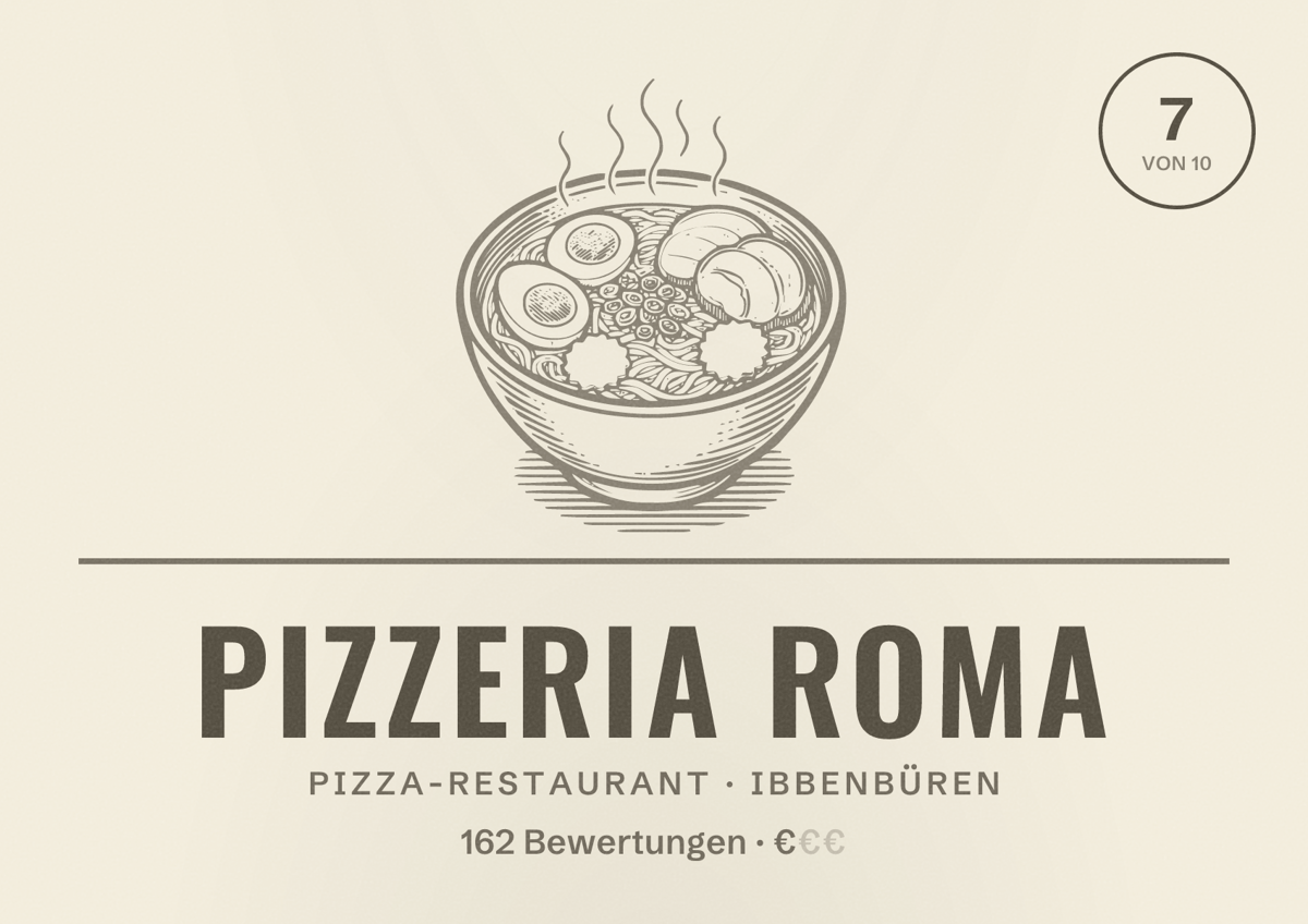 Illustriertes Poster von Pizzeria Roma, Pizza-Restaurant in Ibbenbüren: Bewertung 7 von 10 aus 162 Bewertungen, Preisniveau €