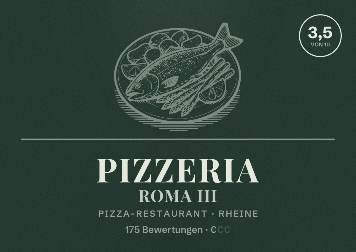 Illustriertes Poster von Pizzeria Roma III, Pizza-Restaurant in Rheine: Bewertung 3,5 von 10 aus 175 Bewertungen, Preisniveau €