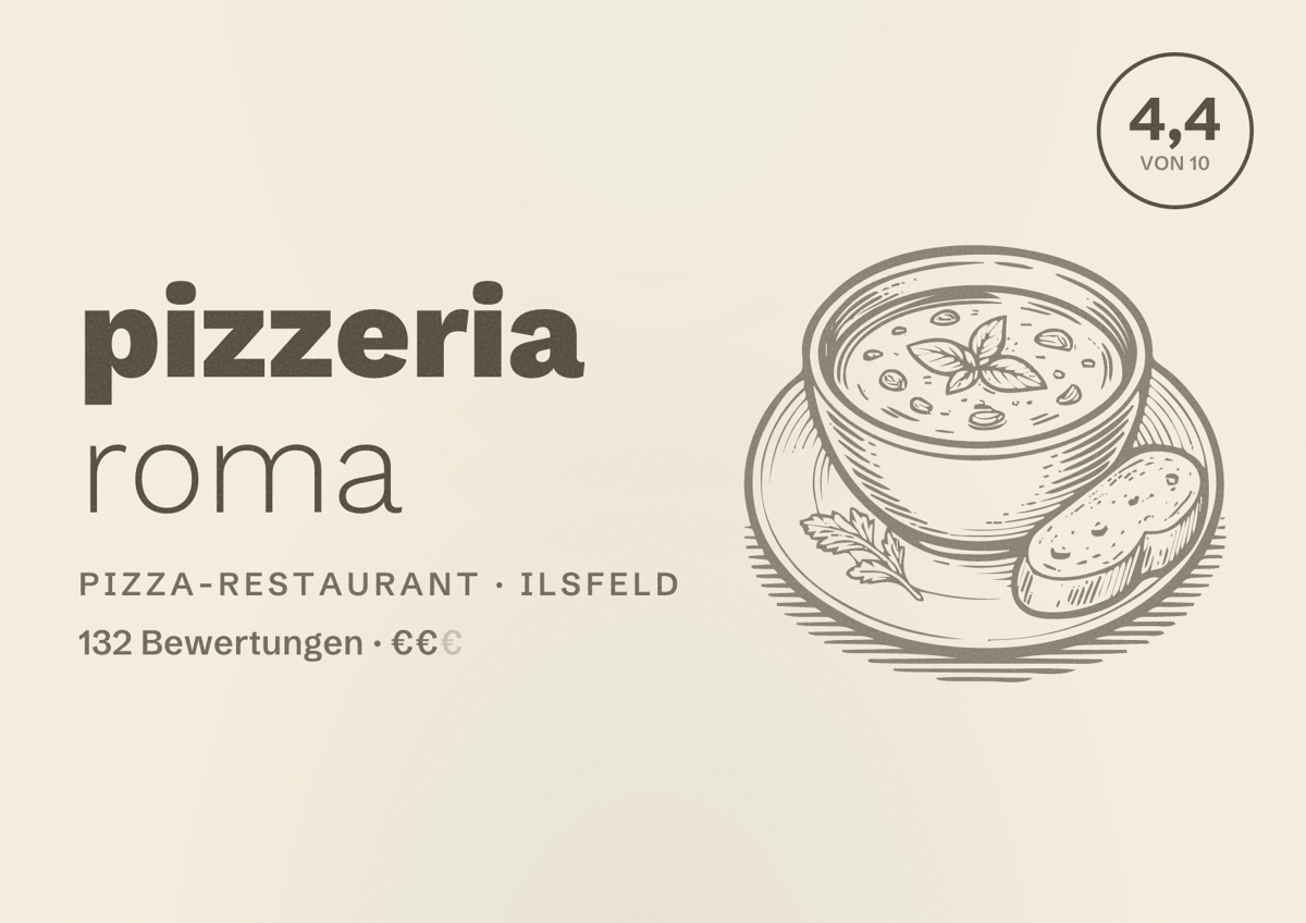 Illustriertes Poster von pizzeria roma, Pizza-Restaurant in Ilsfeld: Bewertung 4,4 von 10 aus 132 Bewertungen, Preisniveau €€